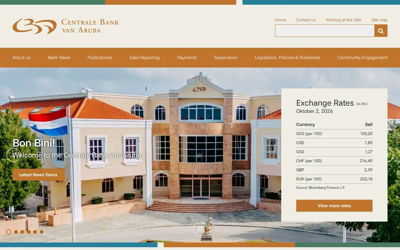 Tampilan website resmi Central Bank of Aruba (cbaruba.org)