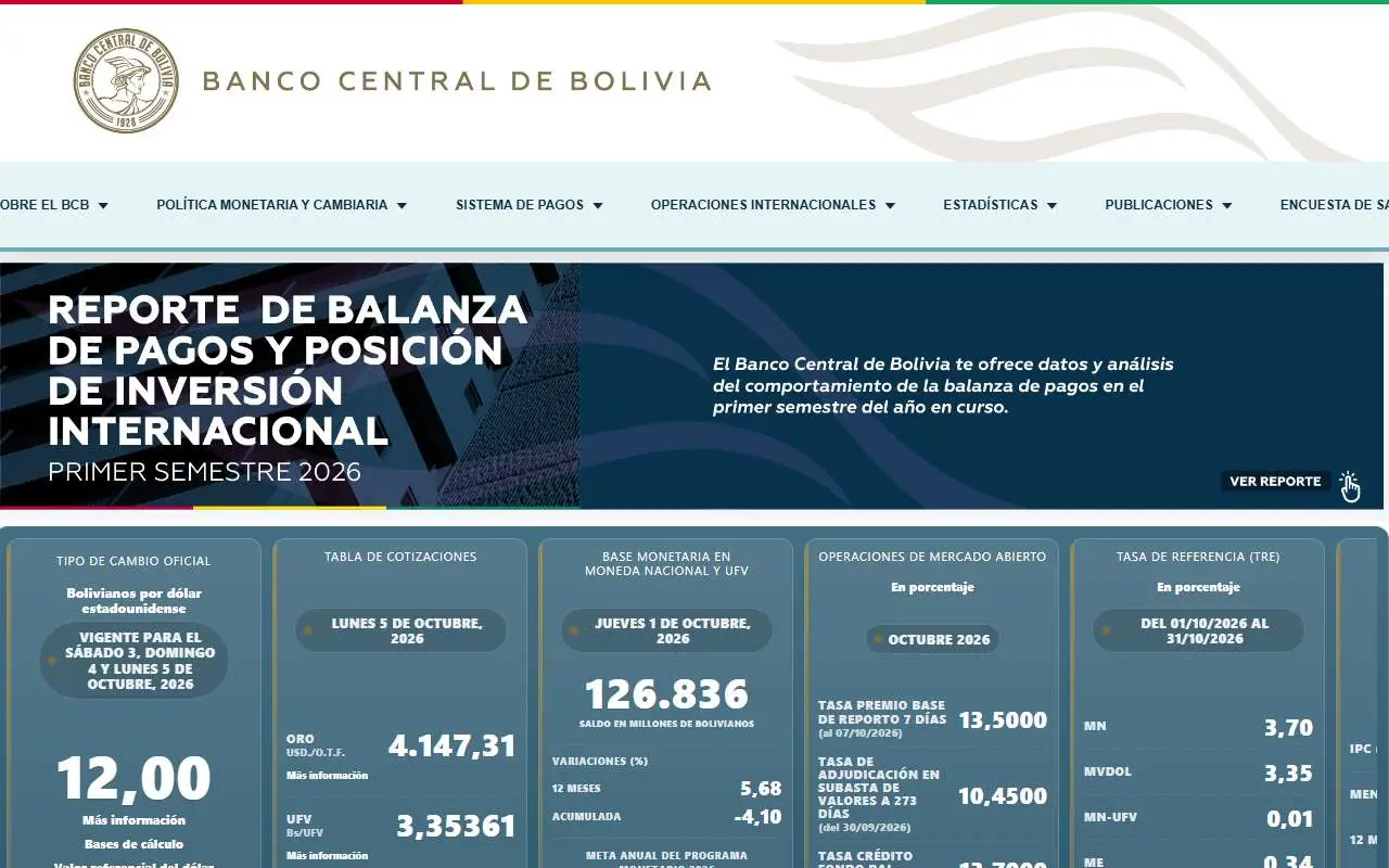 Tampilan website resmi Central Bank of Bolivia (bcb.gob.bo)