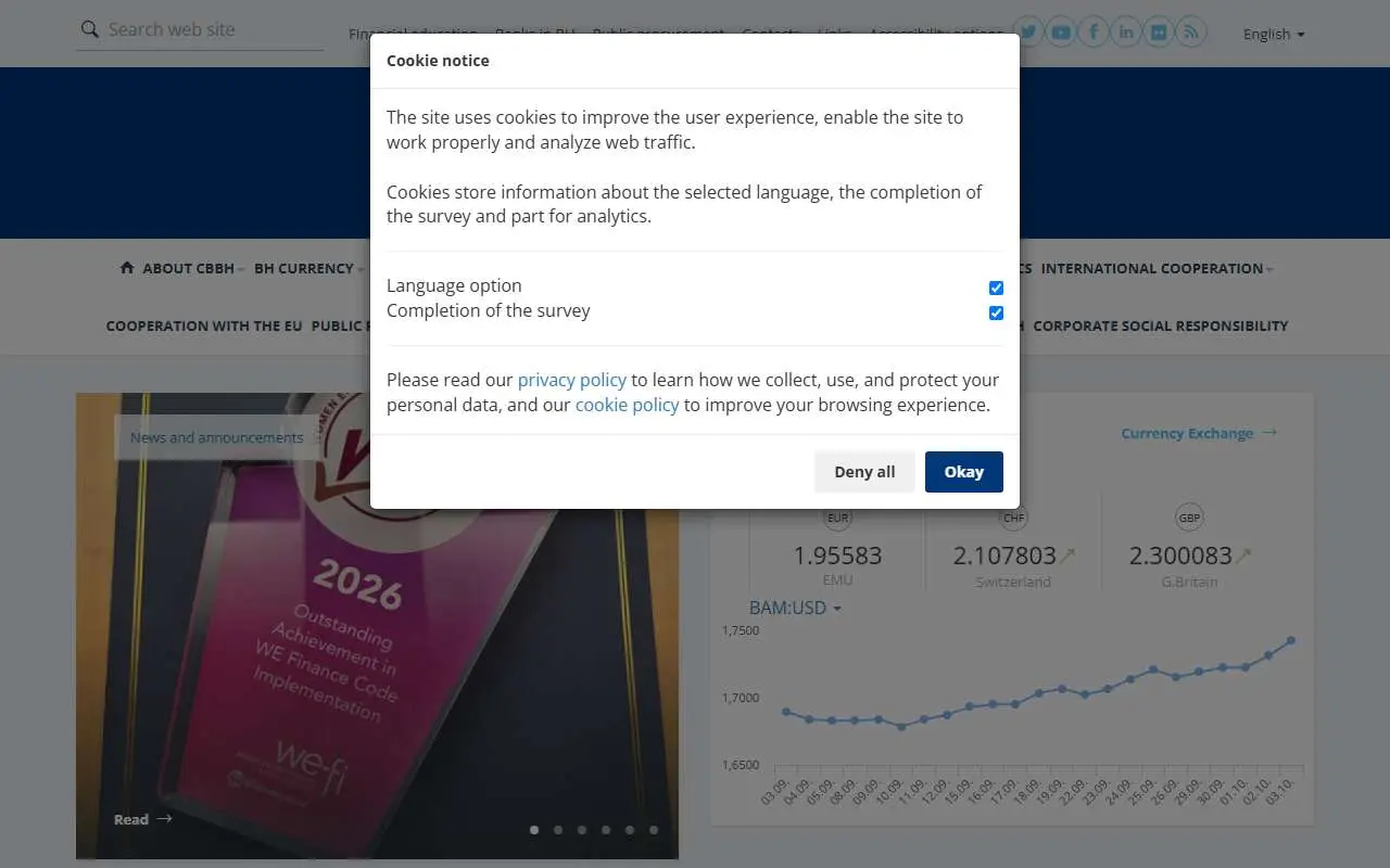 Tampilan website resmi Bank Sentral Bosnia dan Herzegovina (cbbh.ba)