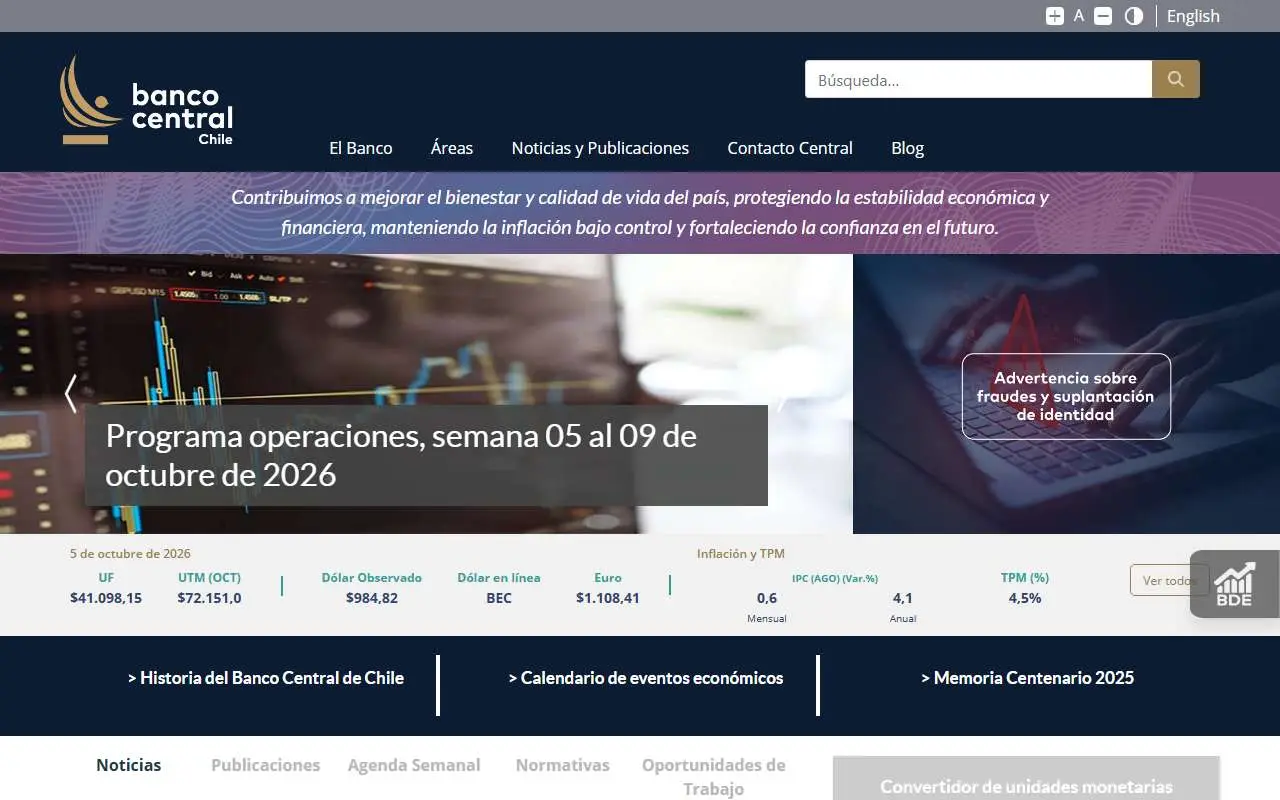 Tampilan website resmi Banco Central de Chile (bcentral.cl)