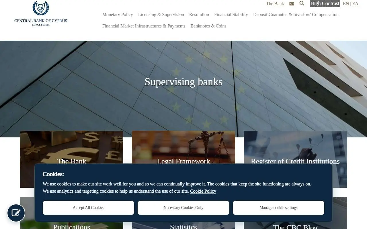 Tampilan website resmi Bank Sentral Siprus (centralbank.cy)