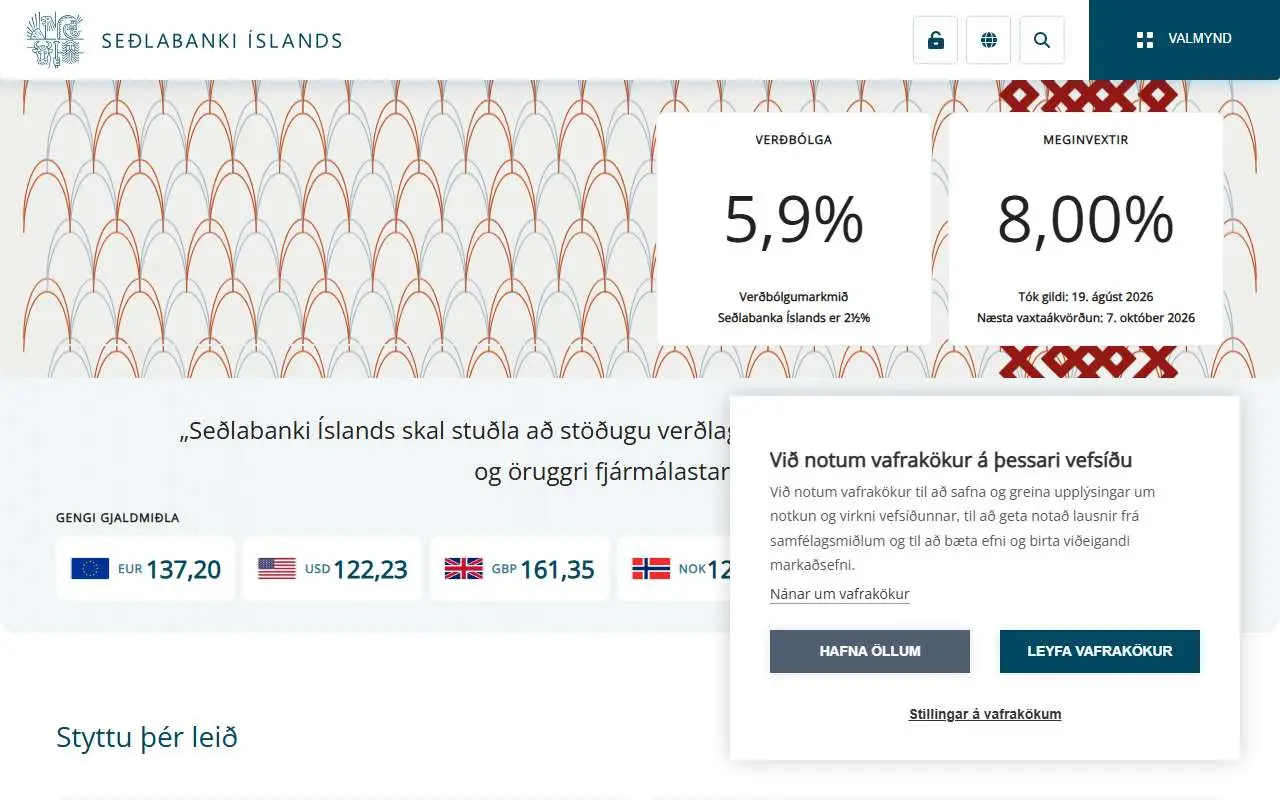 Tampilan website resmi Bank Sentral Islandia (sedlabanki.is)