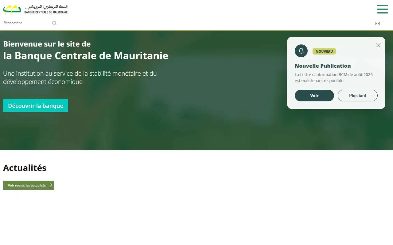 Tampilan website resmi Central Bank of Mauritania (bcm.mr)