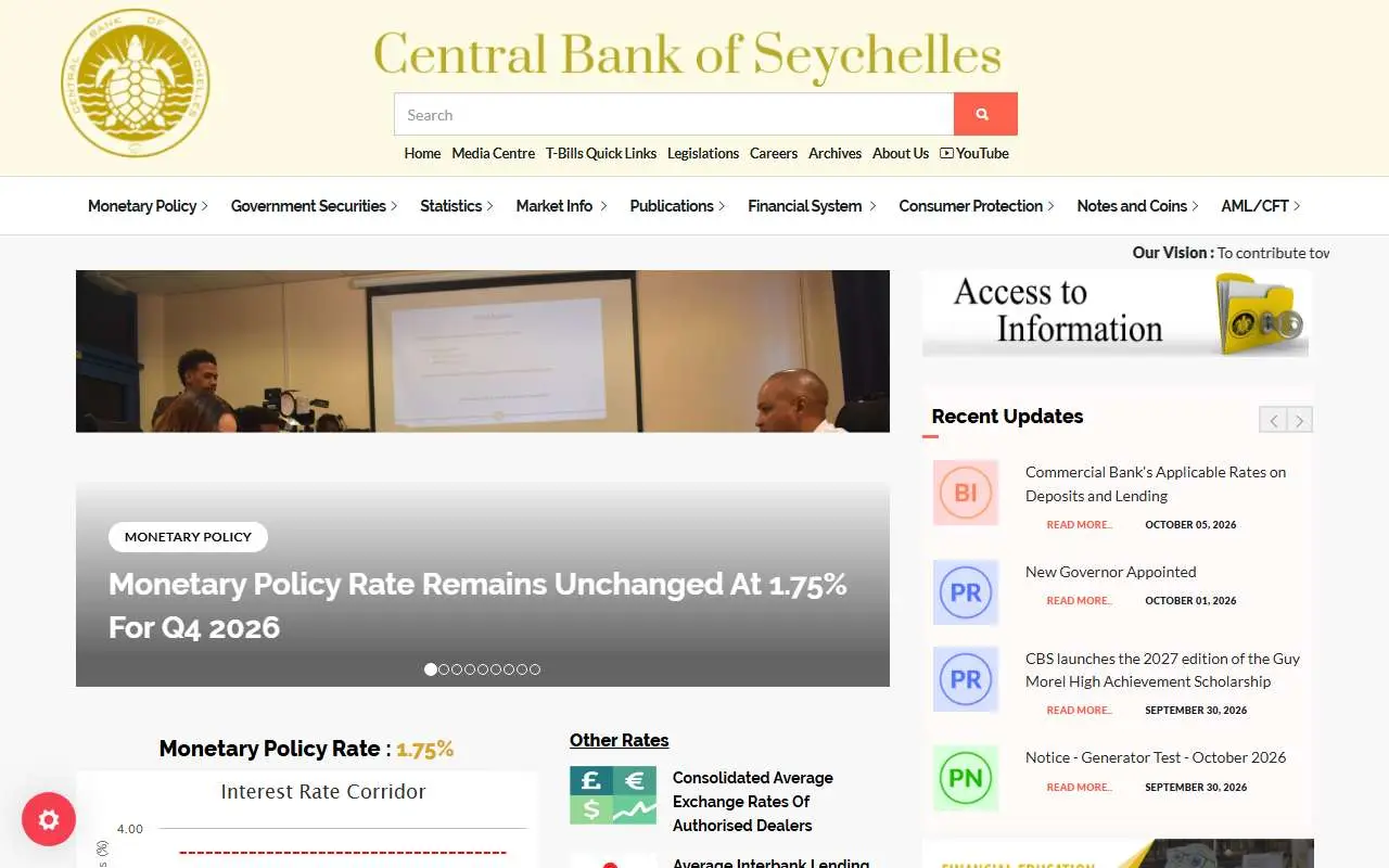 Tampilan website resmi Central Bank of Seychelles (cbs.sc)