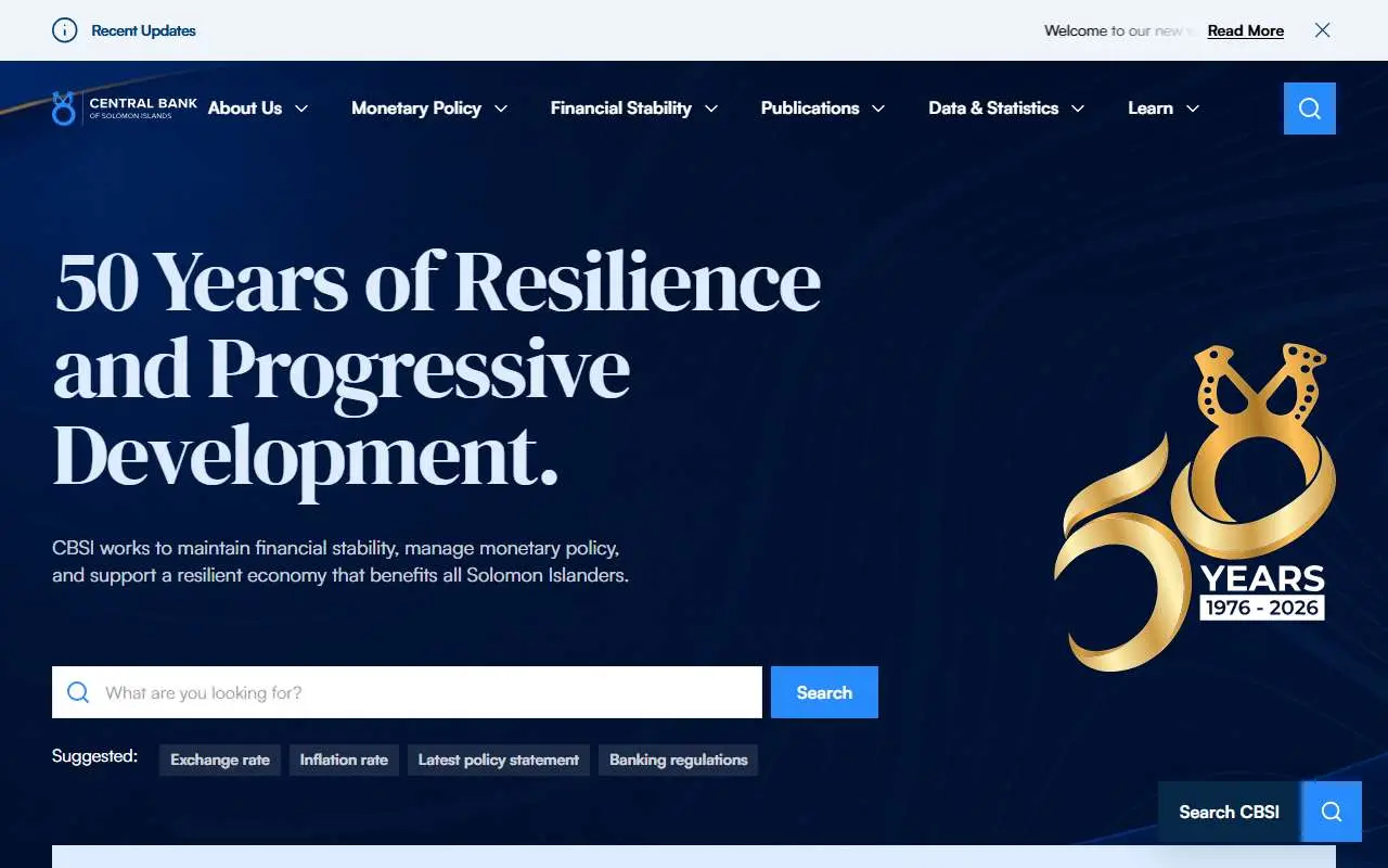 Tampilan website resmi Central Bank of Solomon Islands (cbsi.com.sb)