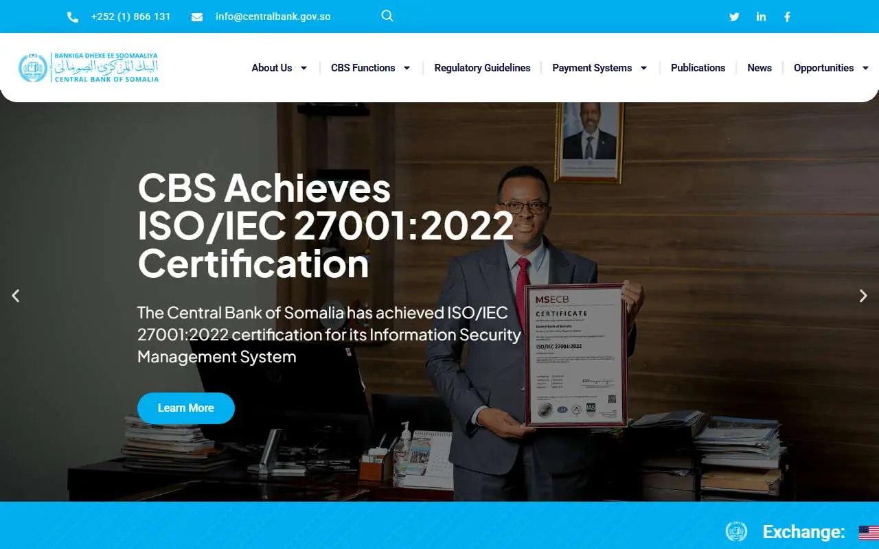 Tampilan website resmi Central Bank of Somalia (centralbank.gov.so)
