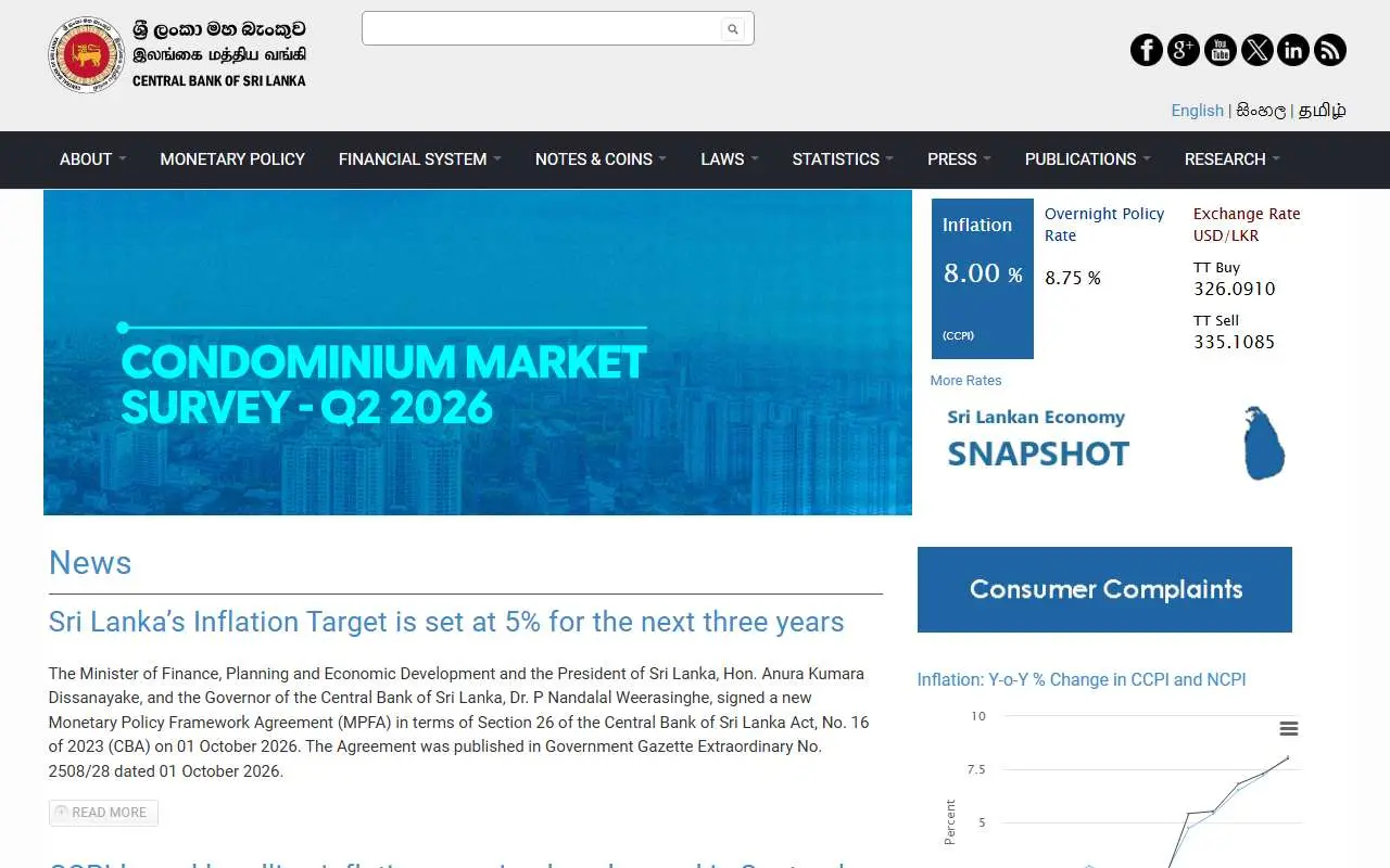 Tampilan website resmi Bank Sentral Sri Lanka (cbsl.gov.lk)