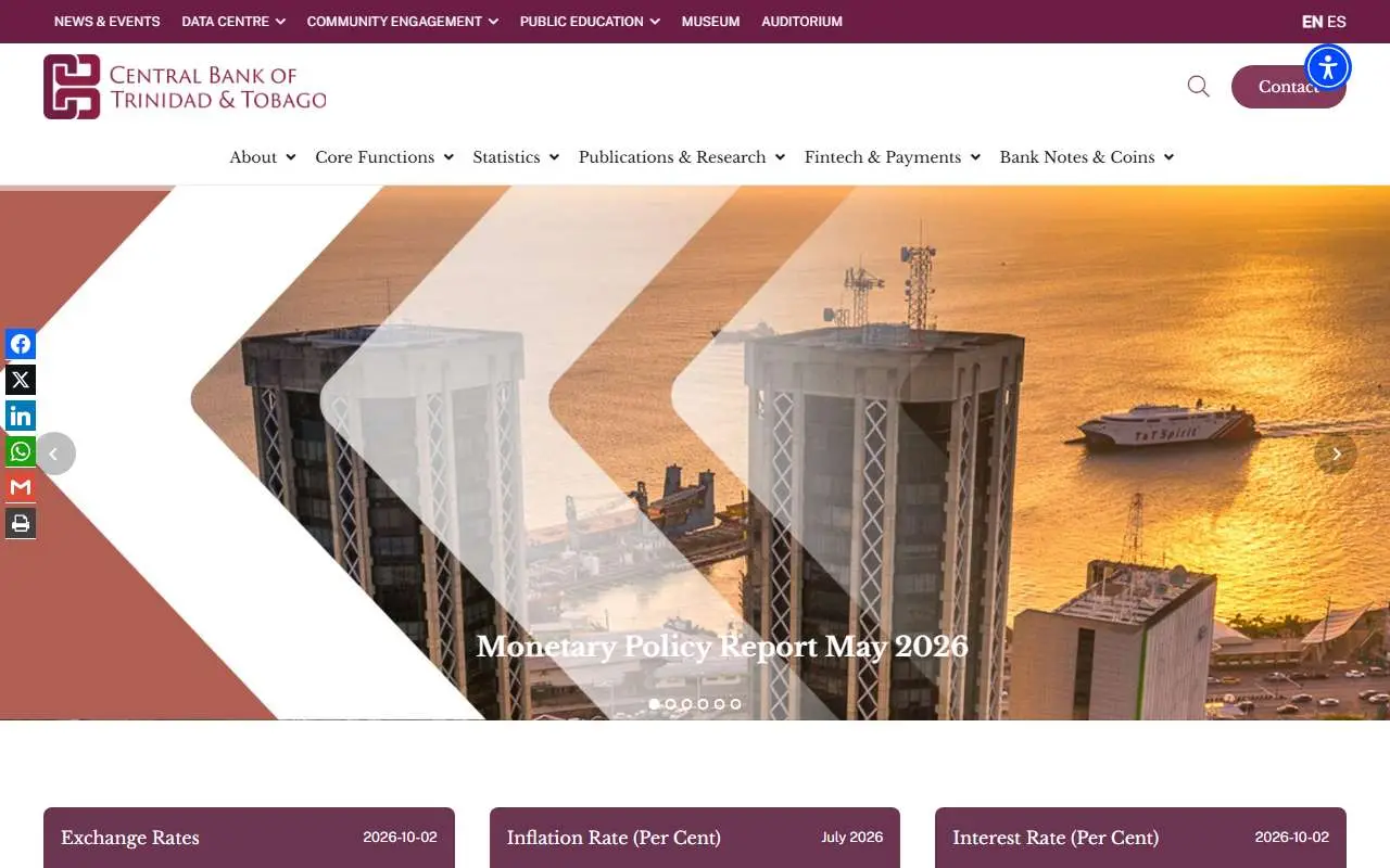 Tampilan website resmi Central Bank of Trinidad and Tobago (central-bank.org.tt)