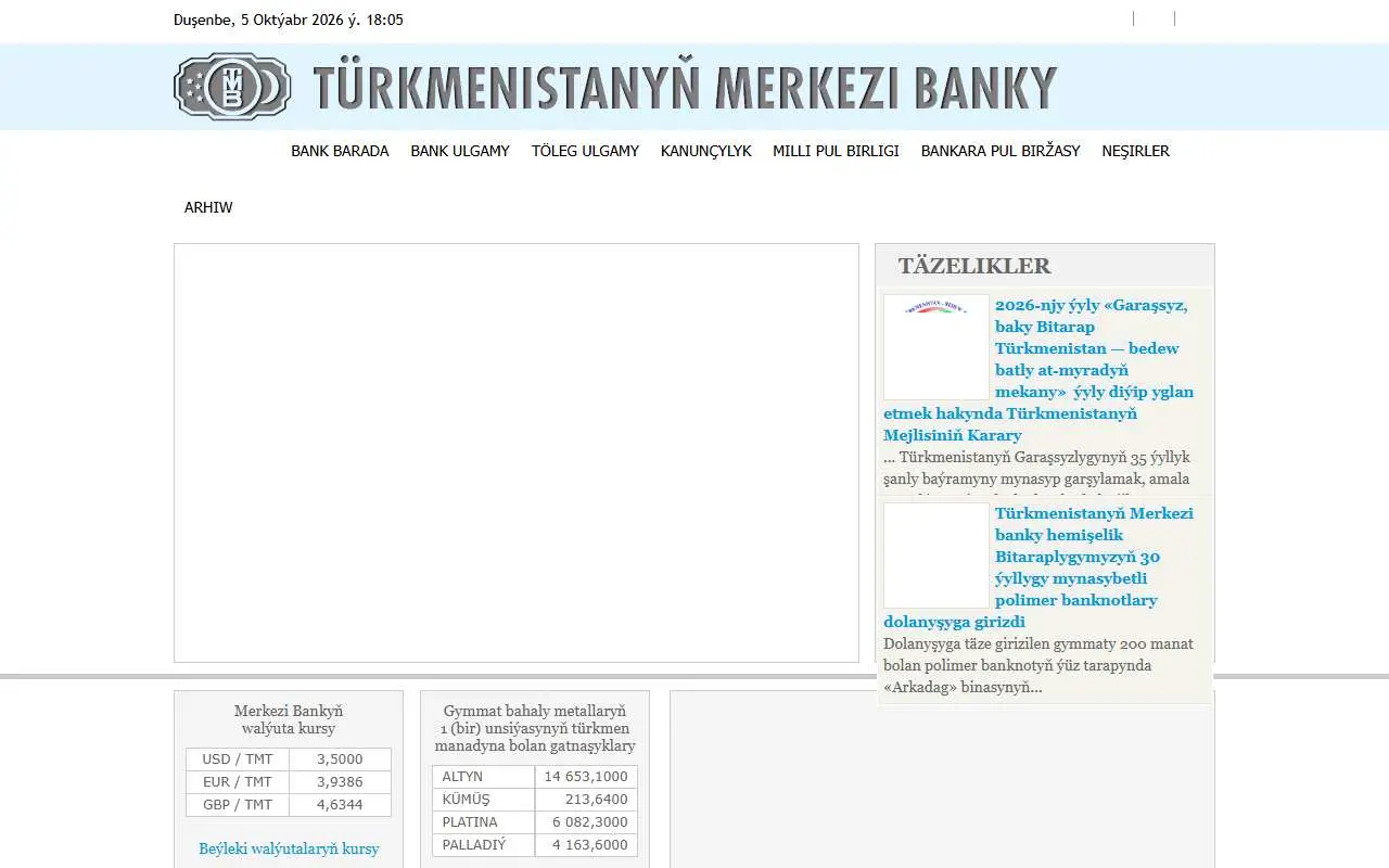 Tampilan website resmi Central Bank of Turkmenistan (cbt.tm)