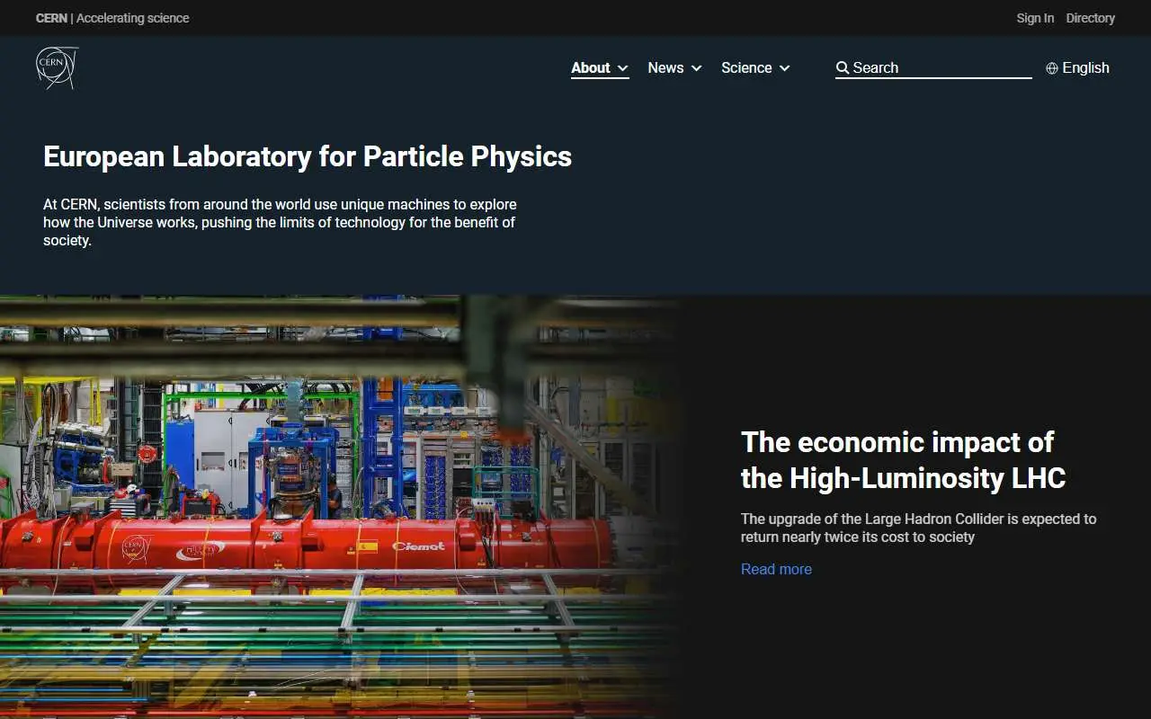 Tampilan website resmi CERN (home.cern)
