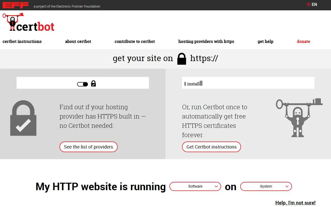 Tampilan website resmi Certbot (certbot.eff.org)