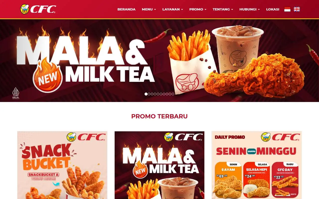 Tampilan website resmi Pioneerindo Gourmet International (cfcindonesia.com)