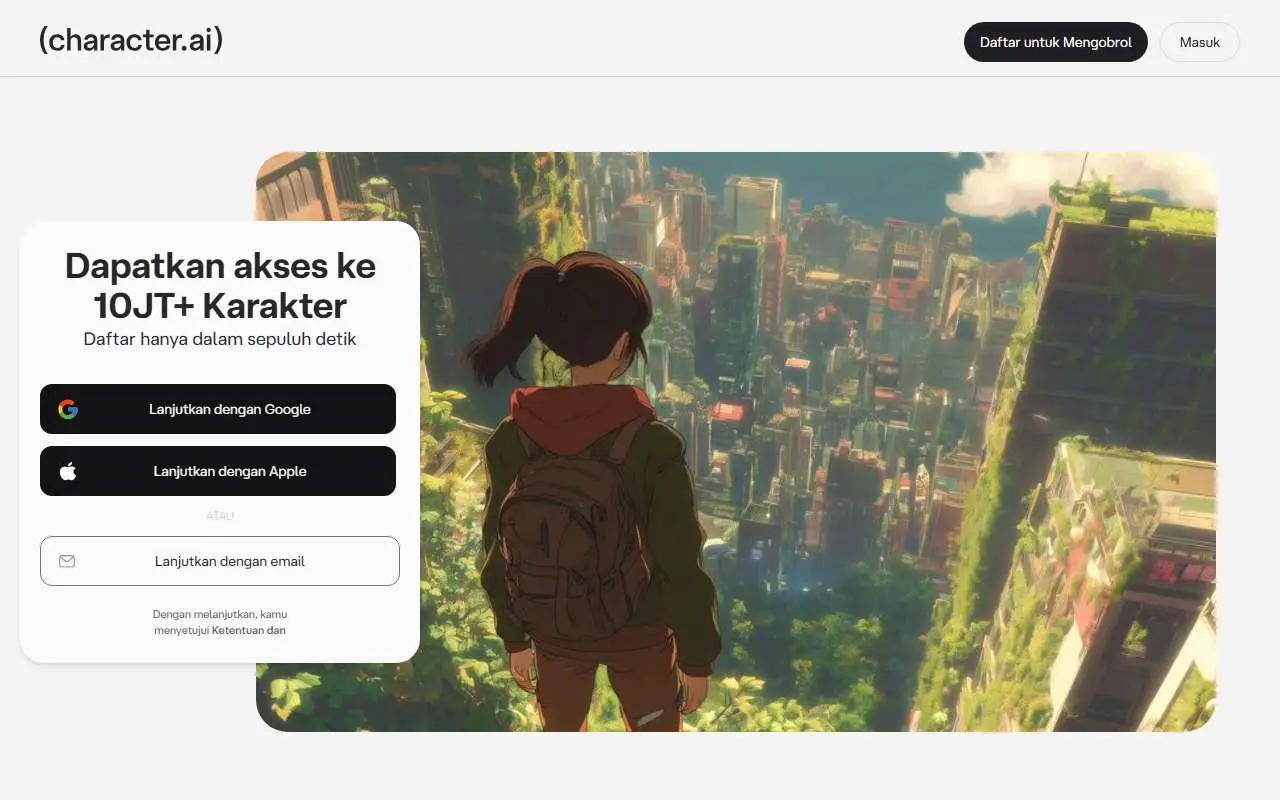Tampilan website resmi Character.AI (character.ai)