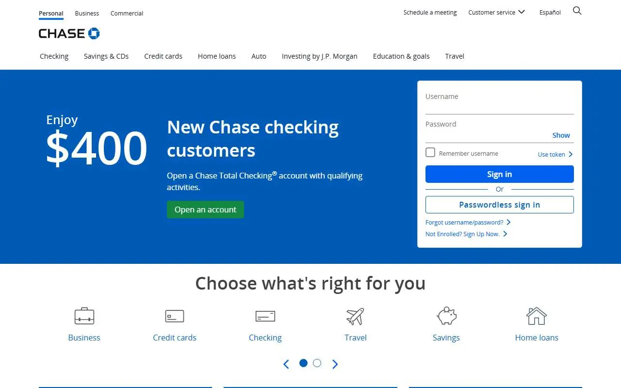 Tampilan website resmi Chase (chase.com)