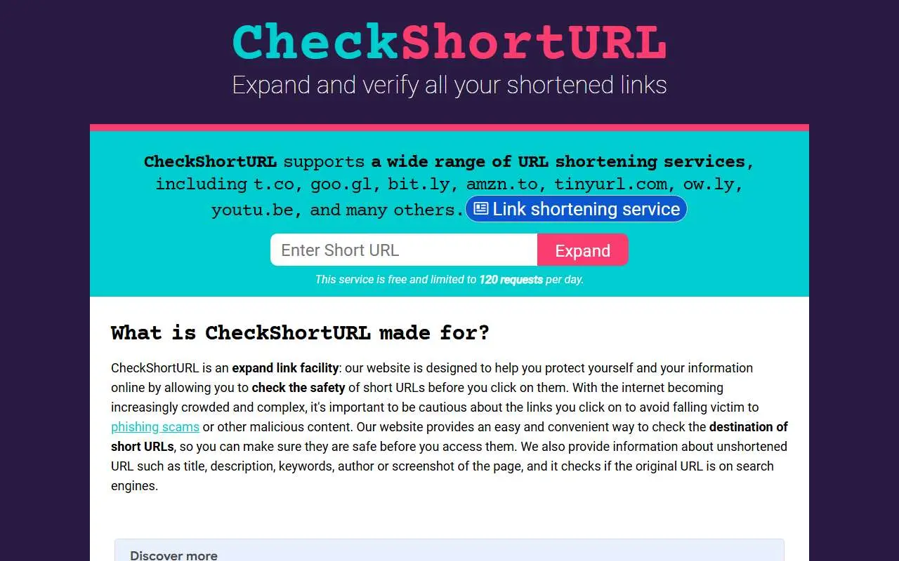 Tampilan website resmi CheckShortURL (checkshorturl.com)