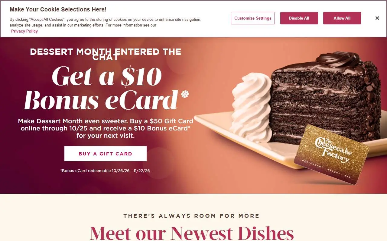 Tampilan website resmi The Cheesecake Factory (thecheesecakefactory.com)