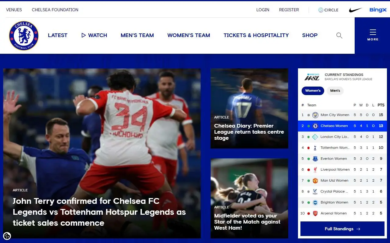 Tampilan website resmi Chelsea F.C. (chelseafc.com)