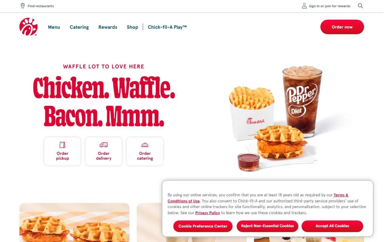 Tampilan website resmi Chick-fil-A (chick-fil-a.com)