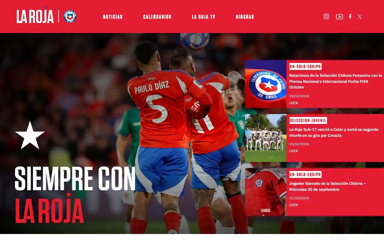 Tampilan website resmi Tim nasional sepak bola Chili (laroja.cl)