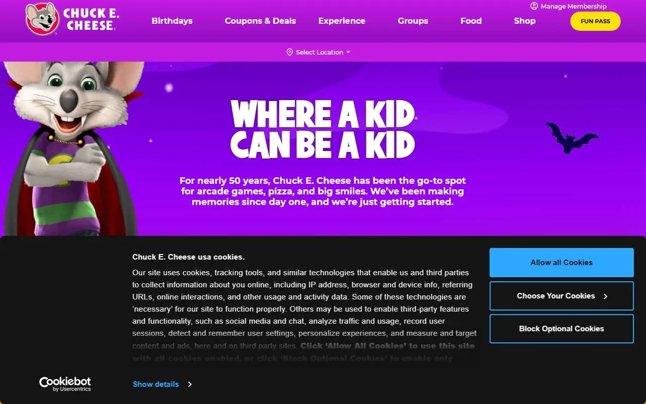 Tampilan website resmi Chuck E. Cheese (chuckecheese.com)