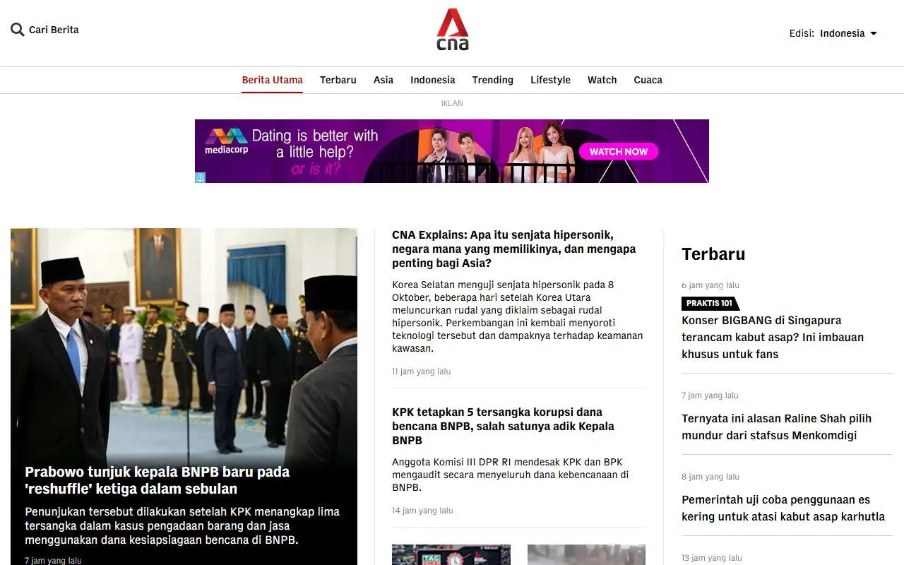 Tampilan website resmi CNA.id (cna.id)