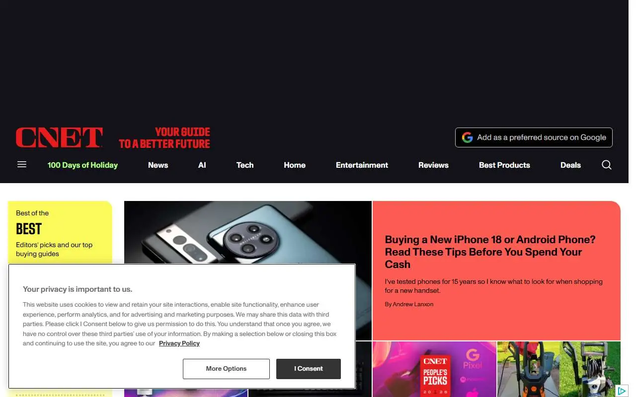 Tampilan website resmi CNET (cnet.com)