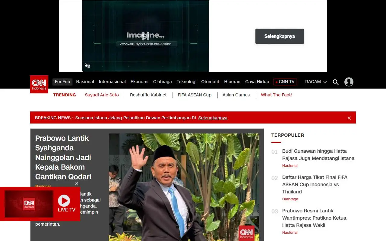 Tampilan website resmi CNN Indonesia (cnnindonesia.com)