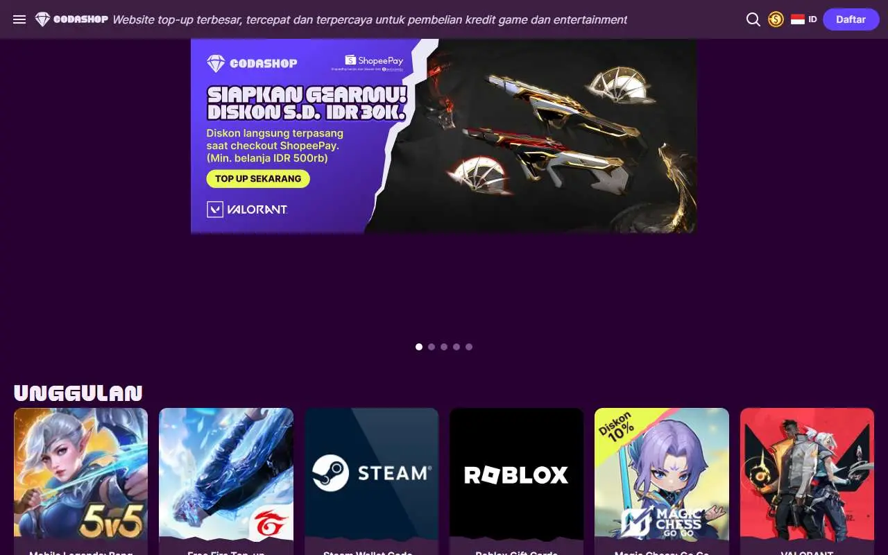 Tampilan website resmi Codashop (codashop.com)