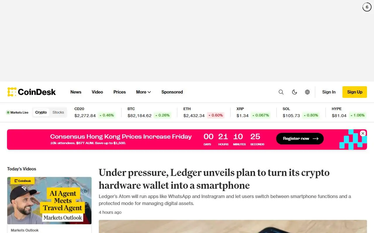 Tampilan website resmi CoinDesk (coindesk.com)
