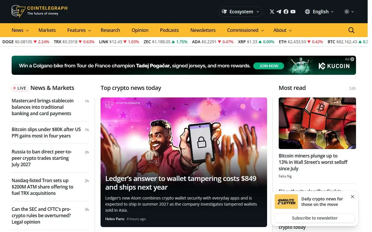 Tampilan website resmi Cointelegraph (cointelegraph.com)