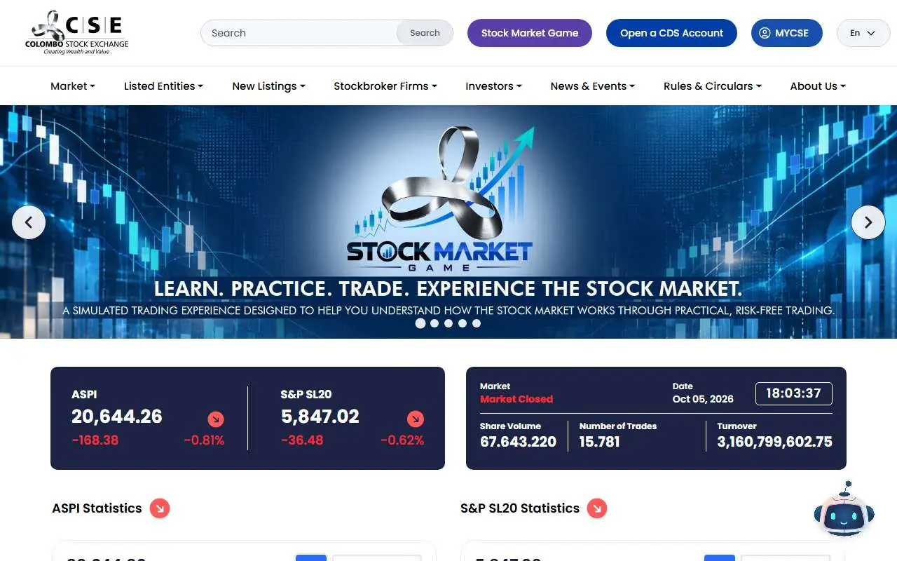 Tampilan website resmi Bursa Efek Kolombo (cse.lk)