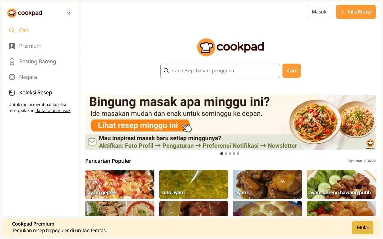 Tampilan website resmi Cookpad Indonesia (cookpad.com)