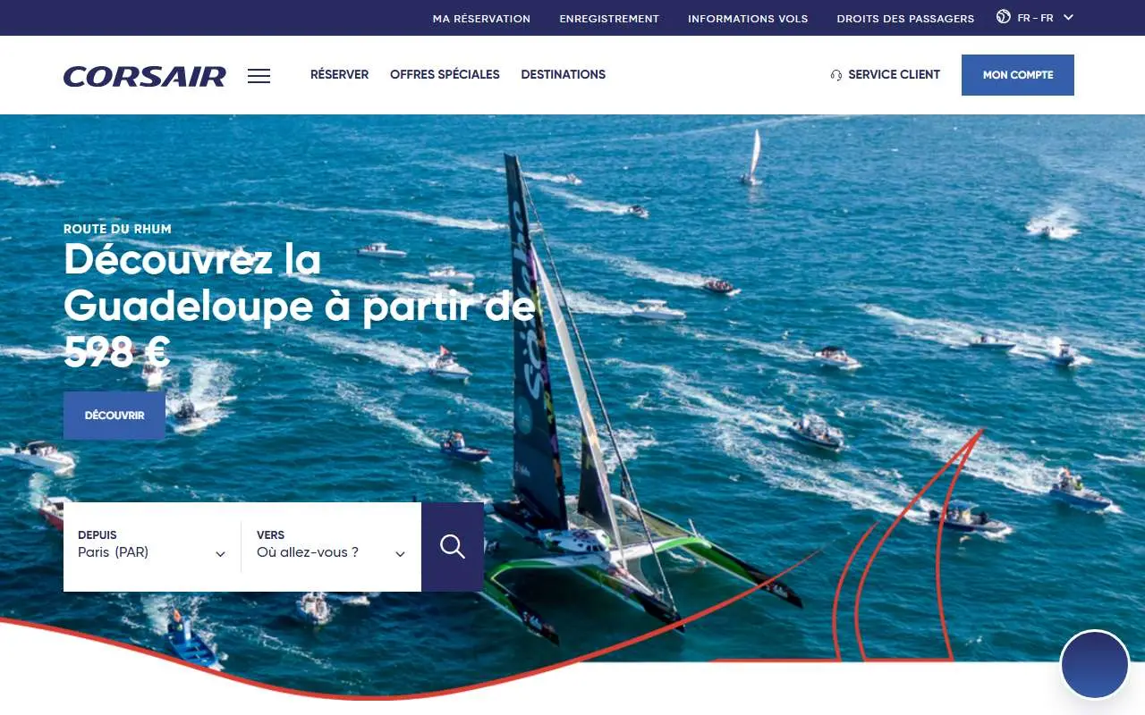 Tampilan website resmi Corsair Airlines (flycorsair.com)