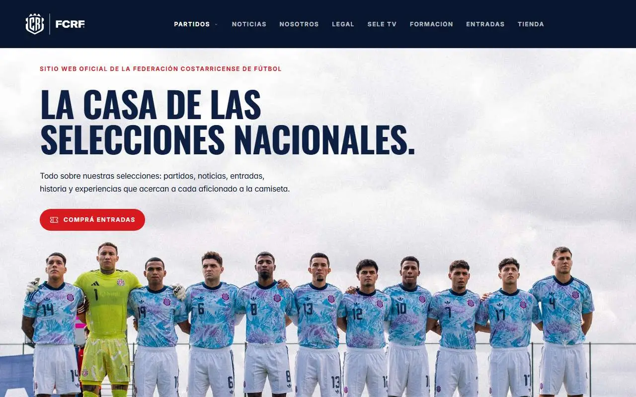 Tampilan website resmi Tim nasional sepak bola Kosta Rika (fcrf.cr)
