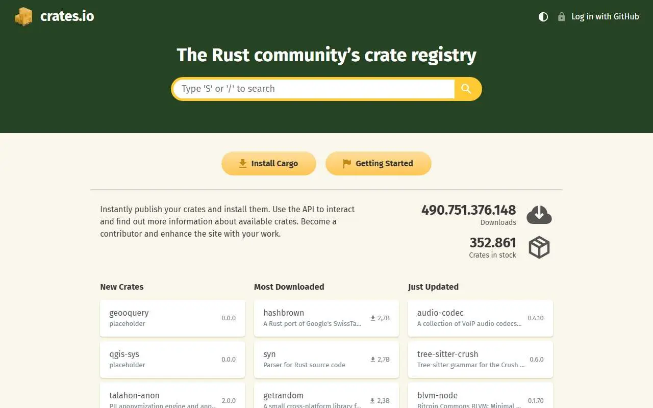 Tampilan website resmi crates.io (crates.io)