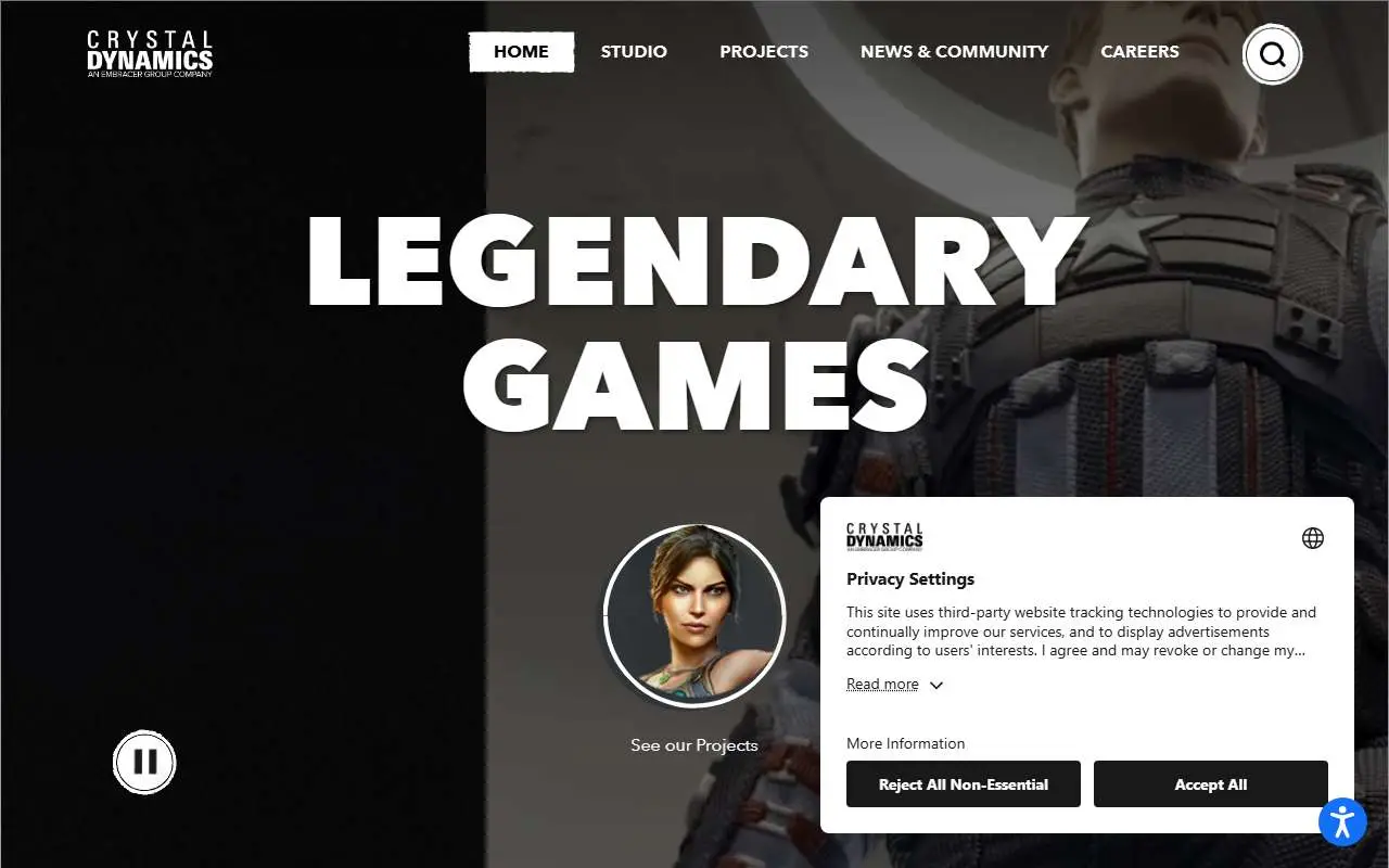Tampilan website resmi Crystal Dynamics (crystaldynamics.com)