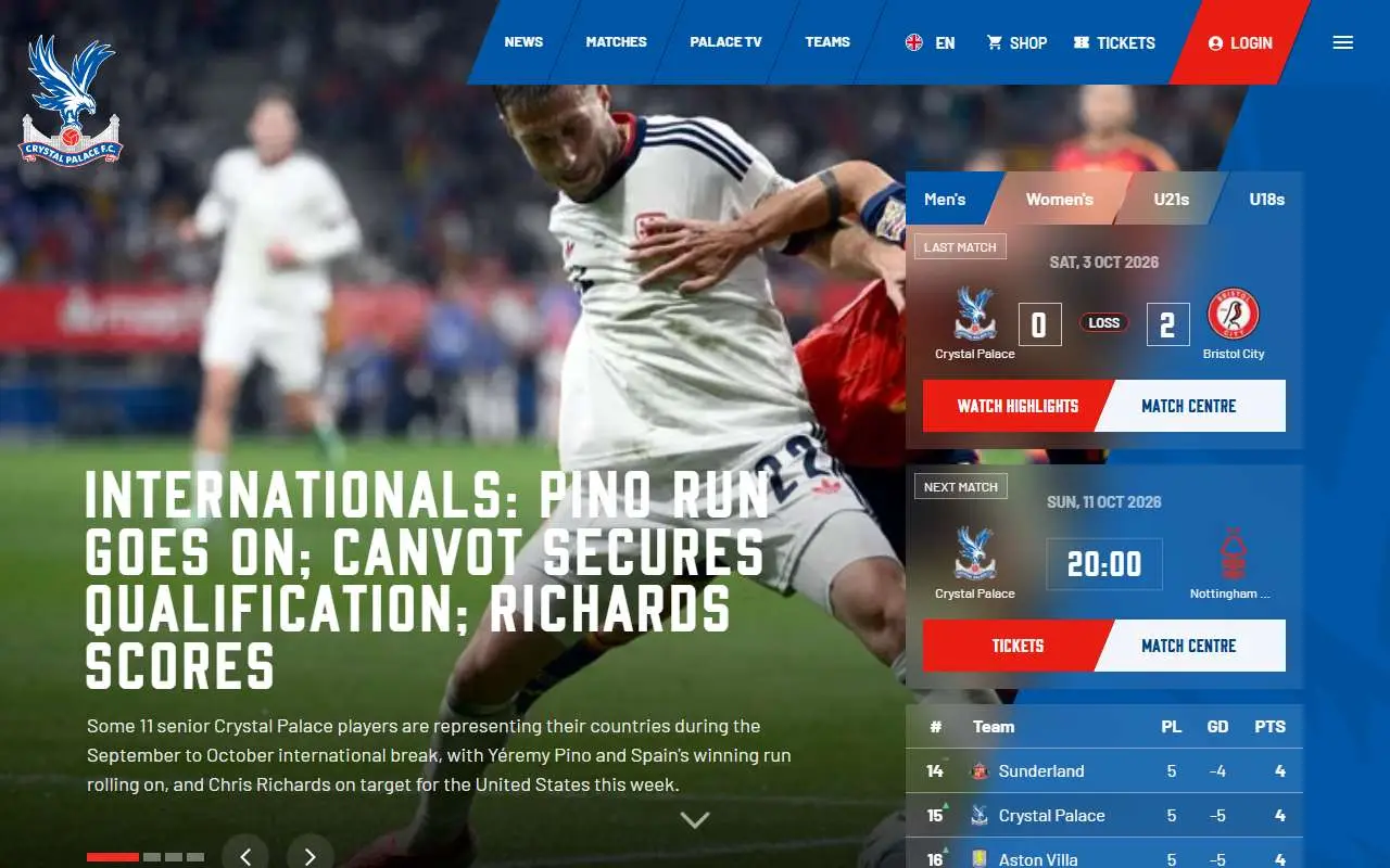 Tampilan website resmi Crystal Palace F.C. (cpfc.co.uk)