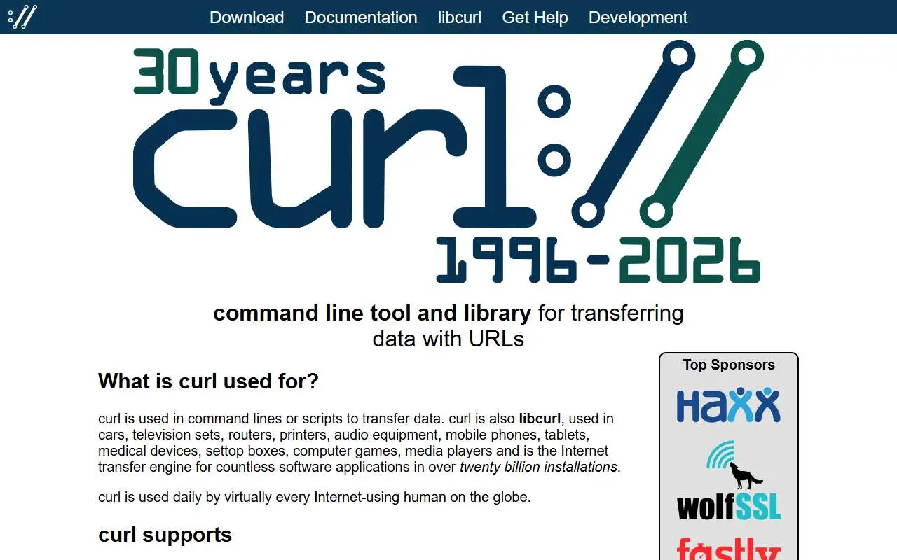 Tampilan website resmi curl (curl.se)