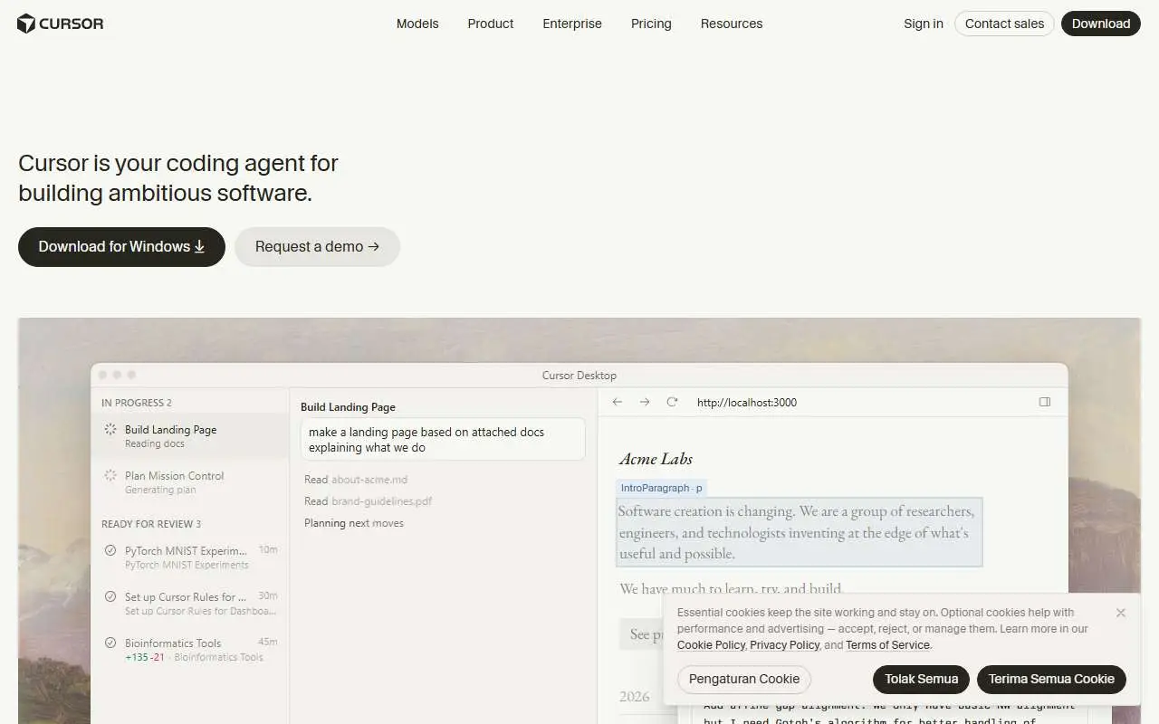Tampilan website resmi Cursor (cursor.com)