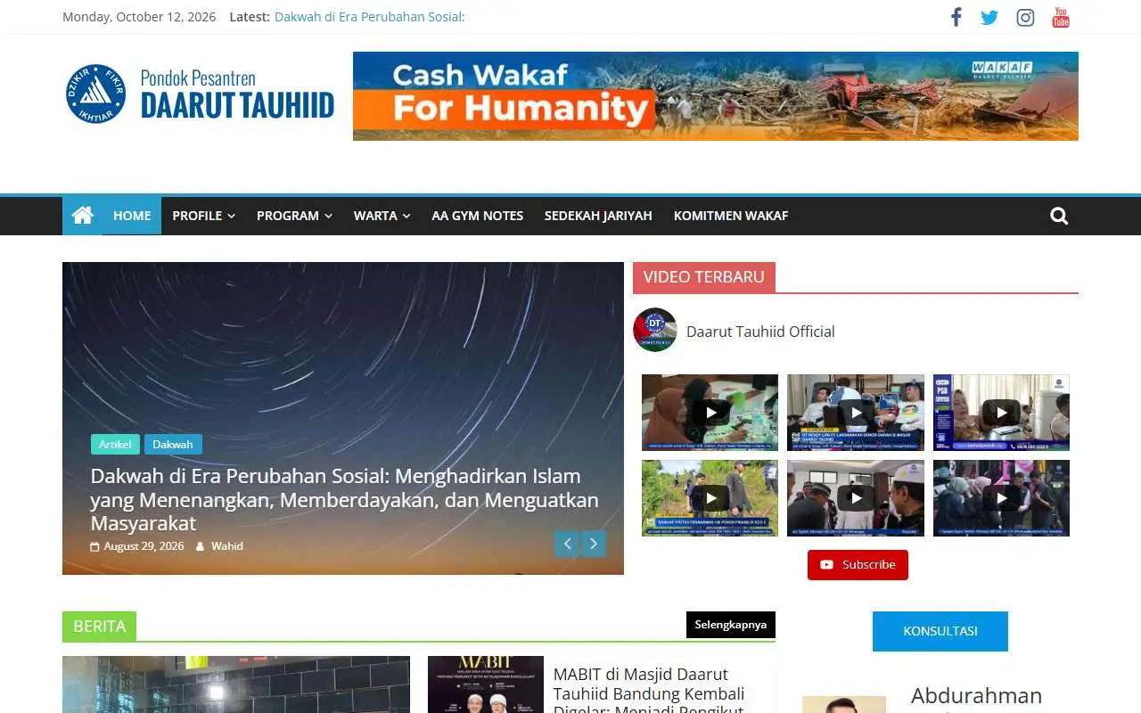Tampilan website resmi Pondok Pesantren Daarut Tauhiid (daaruttauhiid.org)