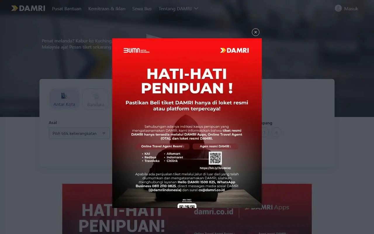 Tampilan website resmi DAMRI (damri.co.id)