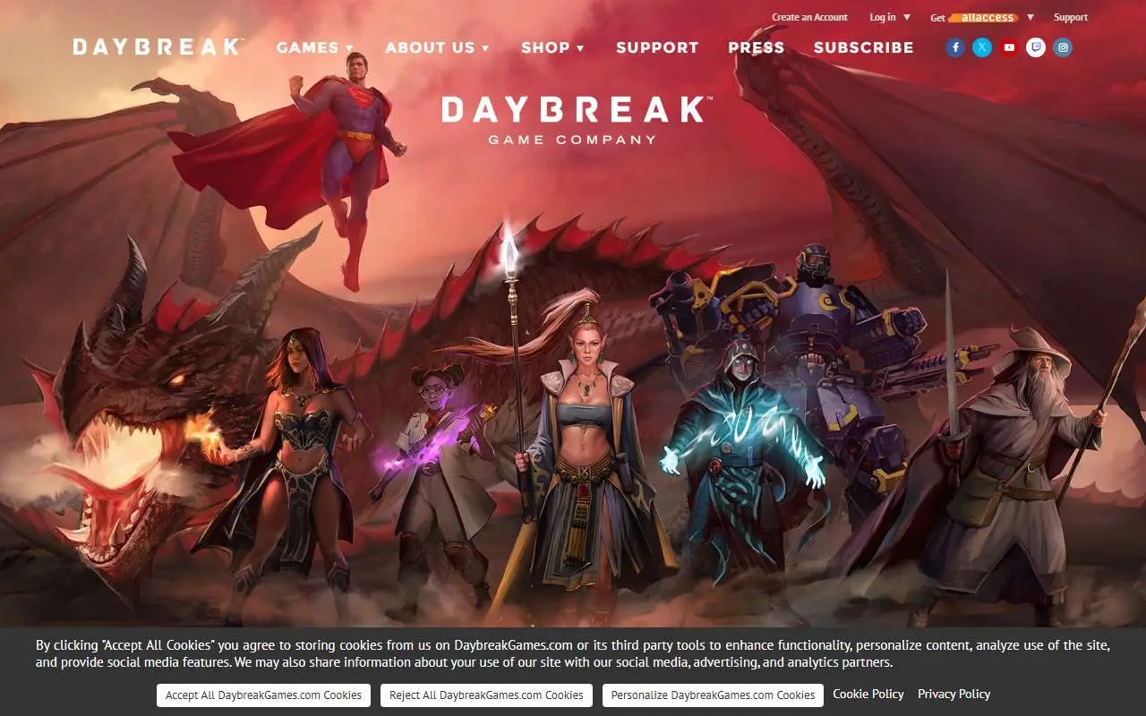 Tampilan website resmi Daybreak Game Company (daybreakgames.com)