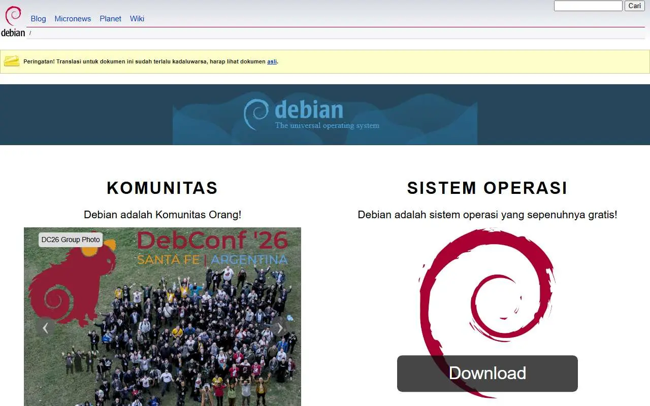 Tampilan website resmi Debian (debian.org)