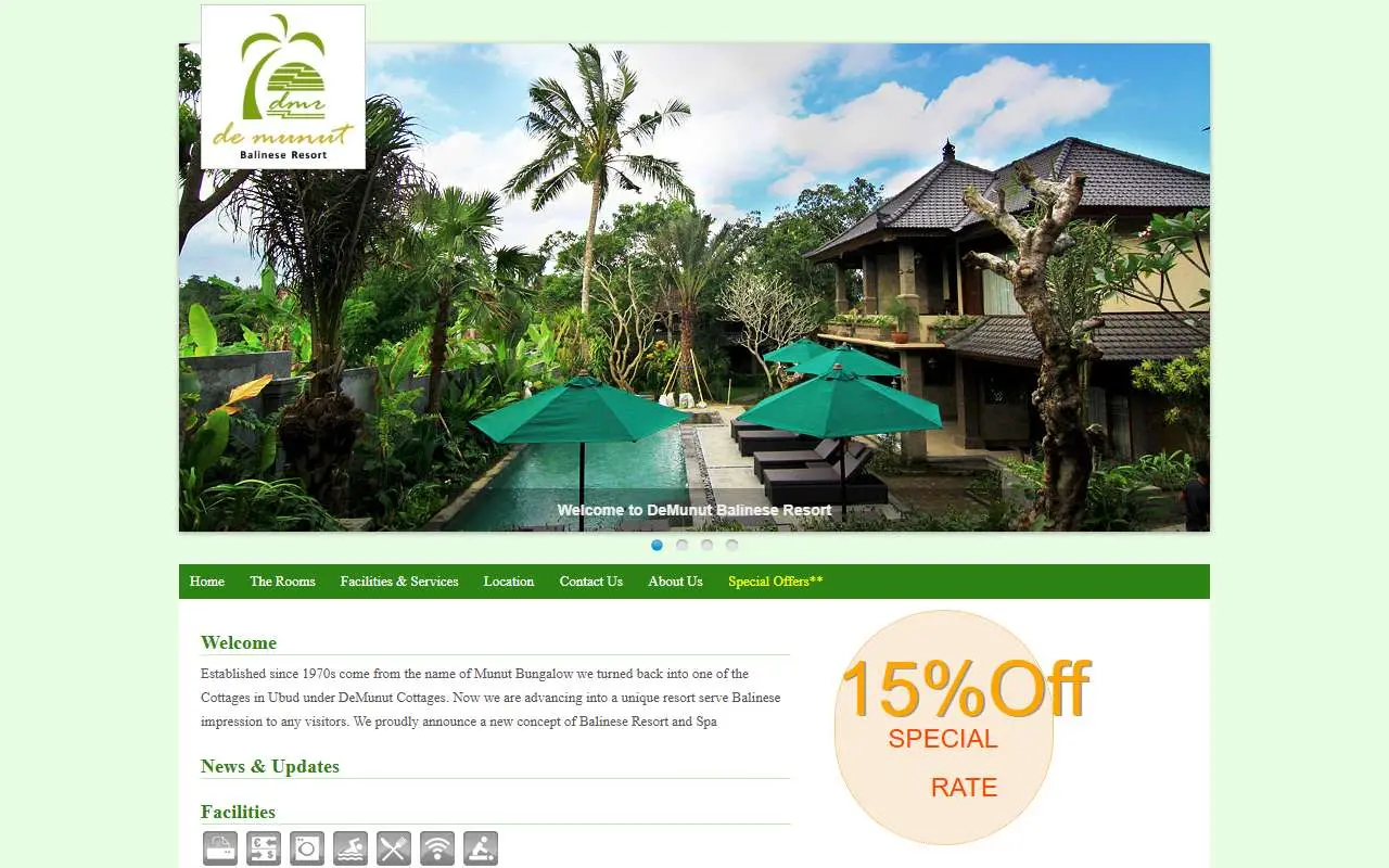 Tampilan website resmi De Munut Balinese Resort (demunutresort.com)