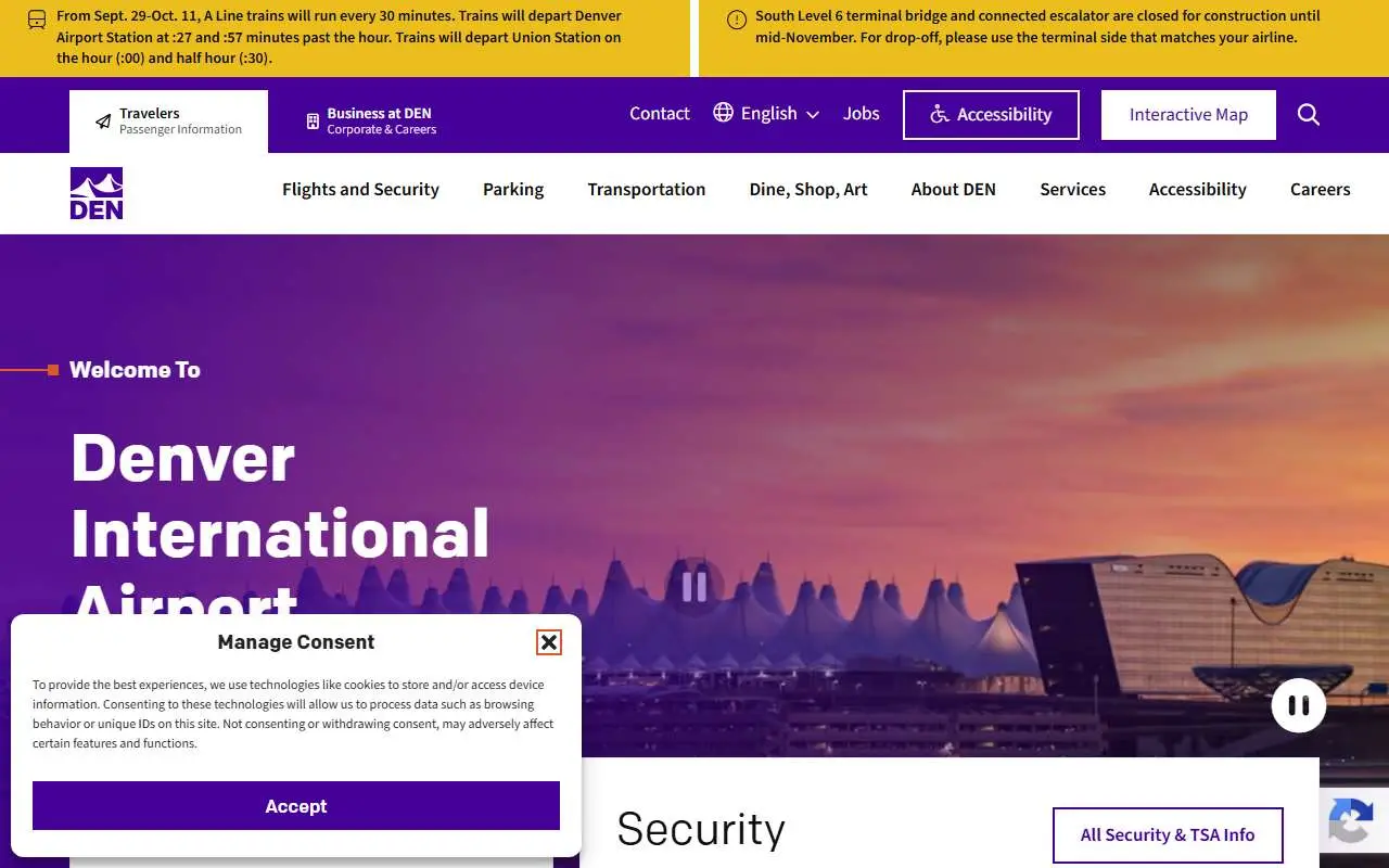 Tampilan website resmi Bandara Internasional Denver (flydenver.com)