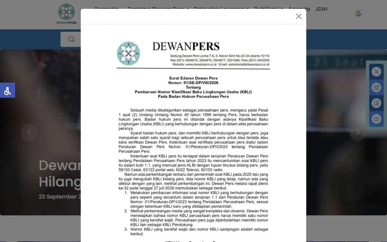 Tampilan website resmi Dewan Pers (dewanpers.or.id)