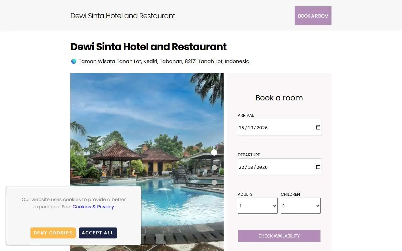 Tampilan website resmi Dewi Sinta Hotel & Restaurant (dewisinta.com)