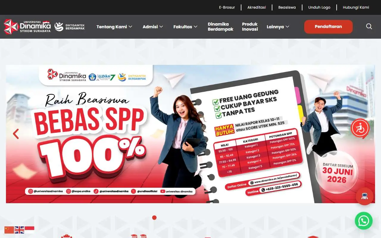 Tampilan website resmi Universitas Dinamika (dinamika.ac.id)