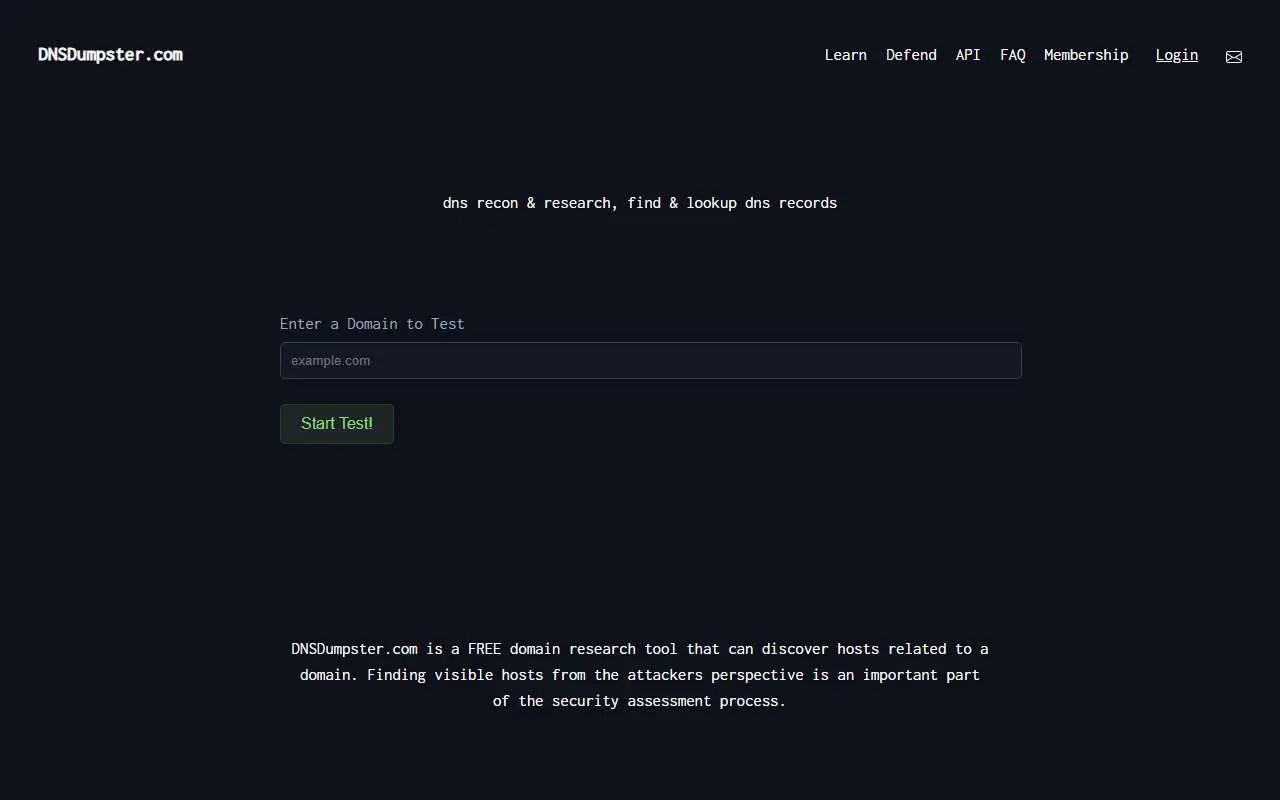 Tampilan website resmi DNSdumpster (dnsdumpster.com)