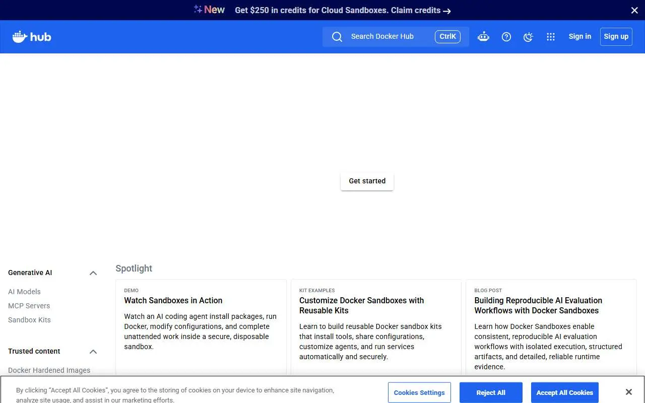 Tampilan website resmi Docker Hub (hub.docker.com)